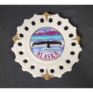 A.C.E. Vintage 1995 Alaska Souvenir Plate Scalloped Edge Whale Tail w/ Mountains